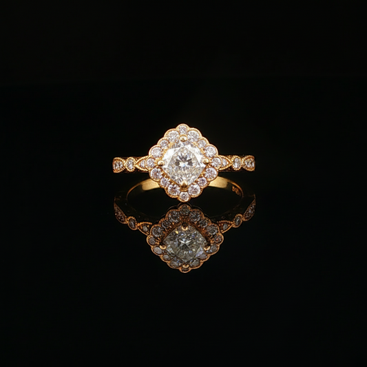 Yellow Gold Scalloped Diamond Halo Engagement Ring