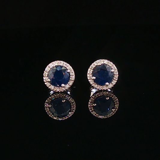 Deep Blue Sapphire Halo Stud Earrings in White Gold