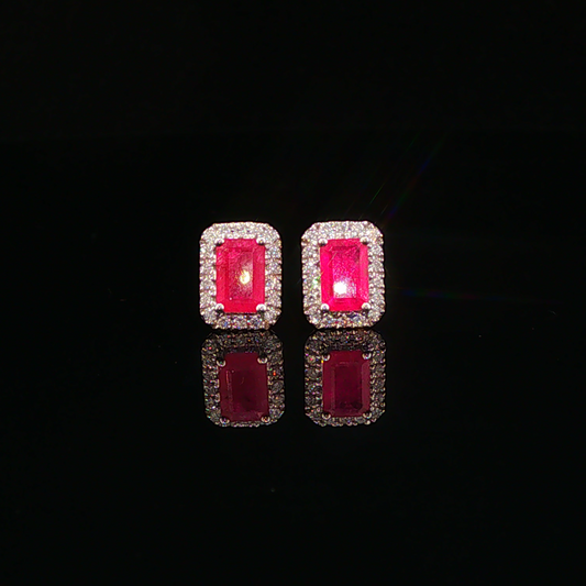 Pigeon Blood Ruby Halo Stud Earrings in White Gold