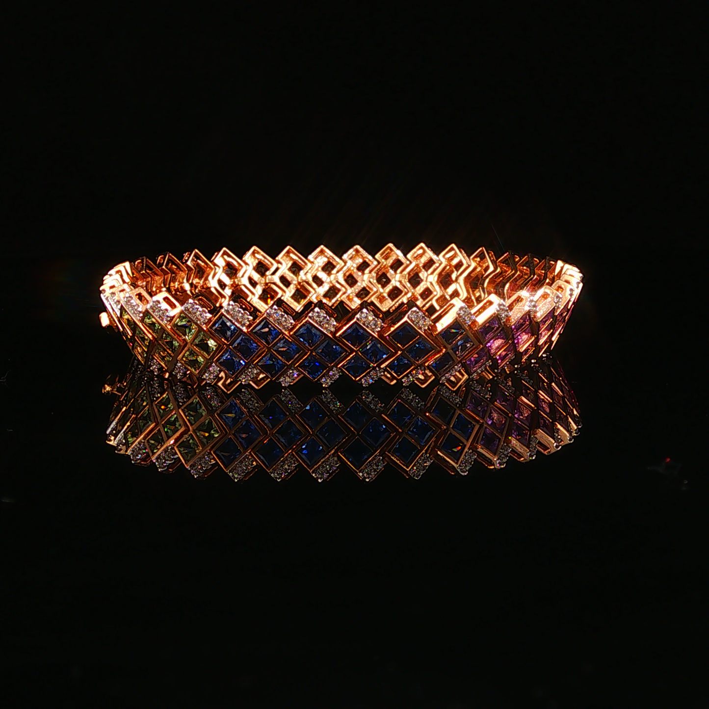 Rose Gold Geometric Multicolor Sapphire and Natural Diamond Chain Bracelet