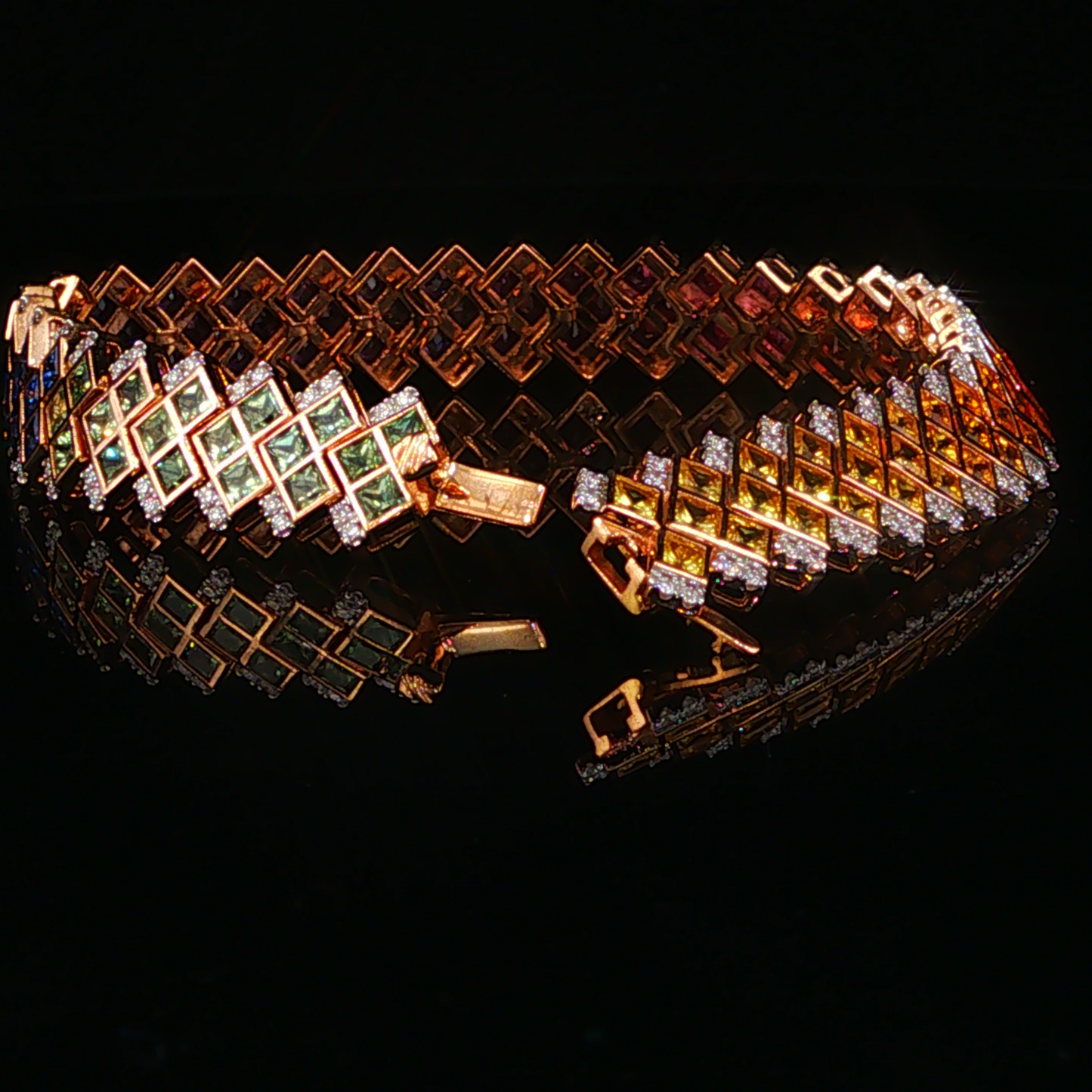 Rose Gold Geometric Multicolor Sapphire and Natural Diamond Chain Bracelet