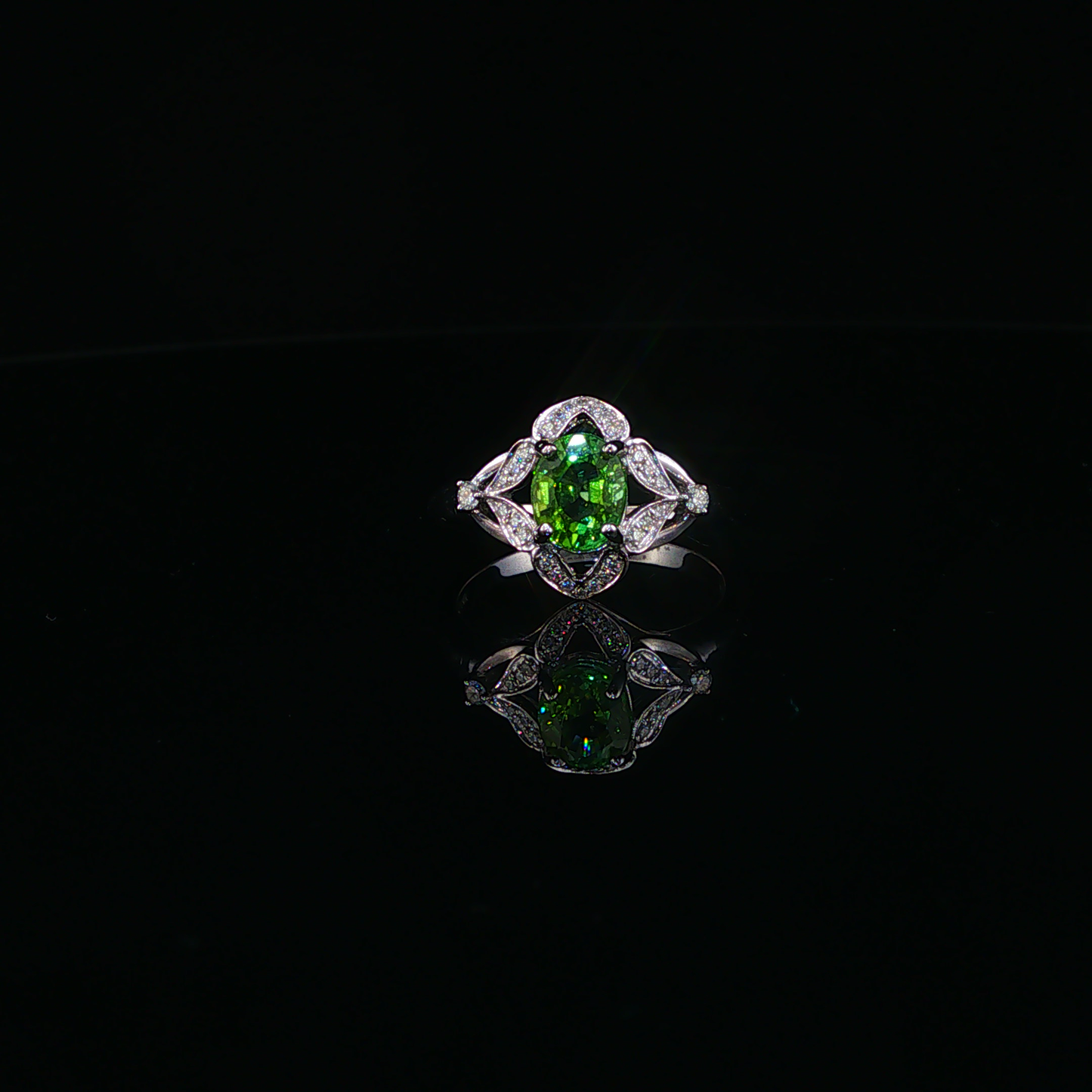 Tsavorite Floral Motif Cocktail Ring in White Gold