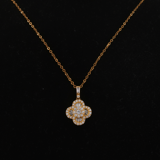 Natural Diamond Quatrefoil Charm Necklace in Yellow Gold