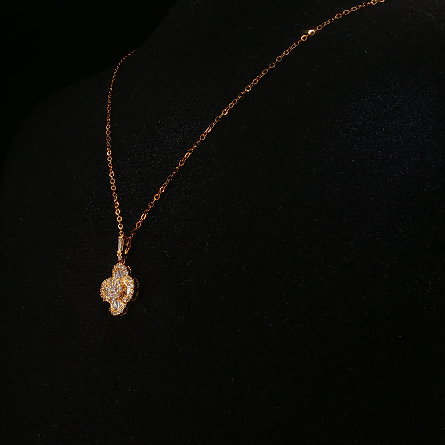 Natural Diamond Quatrefoil Charm Necklace in Yellow Gold