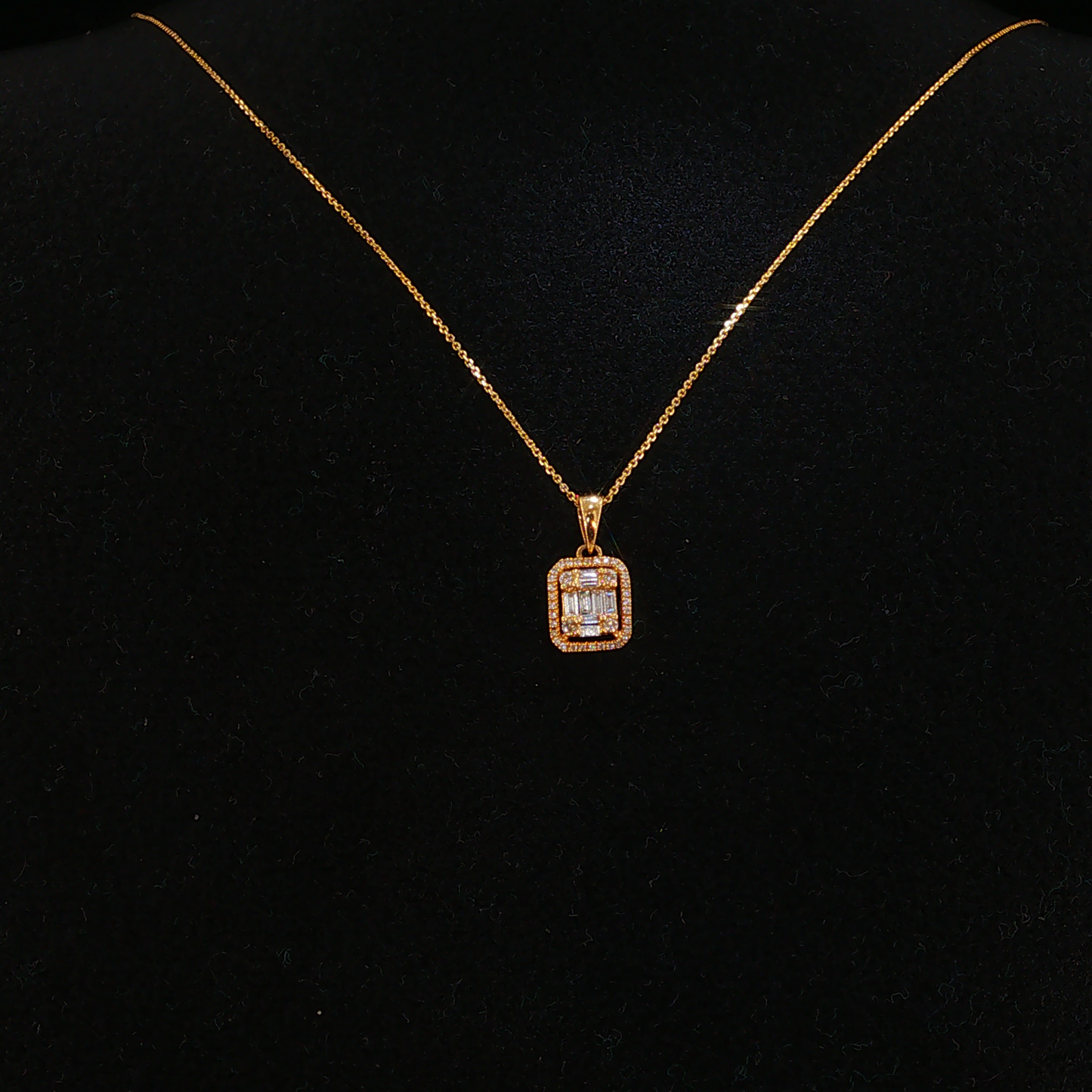 Rectangular Natural Diamond Halo Pendant Necklace in Yellow Gold