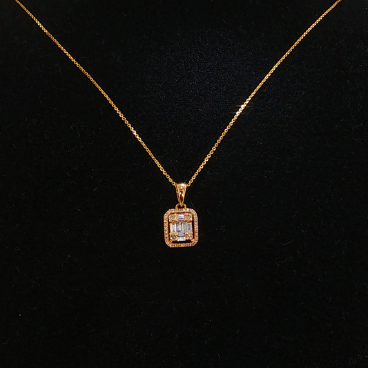 Rectangular Natural Diamond Halo Pendant Necklace in Yellow Gold