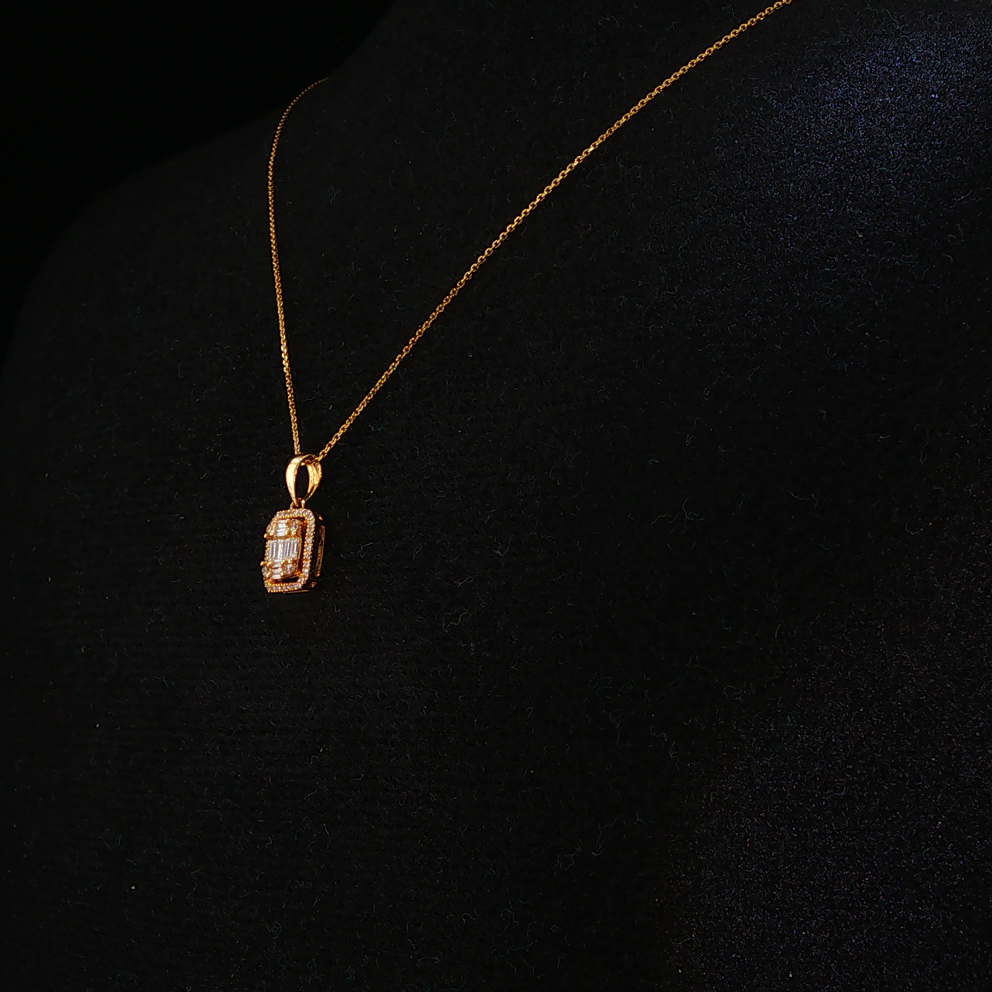 Rectangular Natural Diamond Halo Pendant Necklace in Yellow Gold