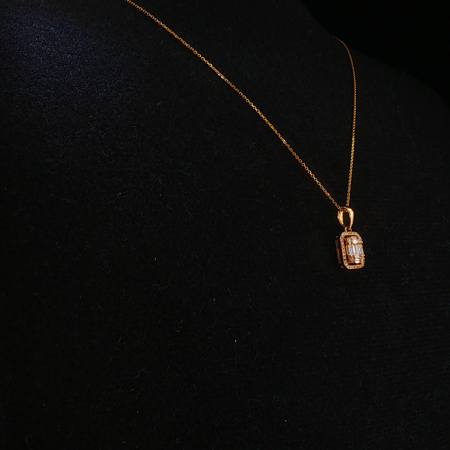 Rectangular Natural Diamond Halo Pendant Necklace in Yellow Gold