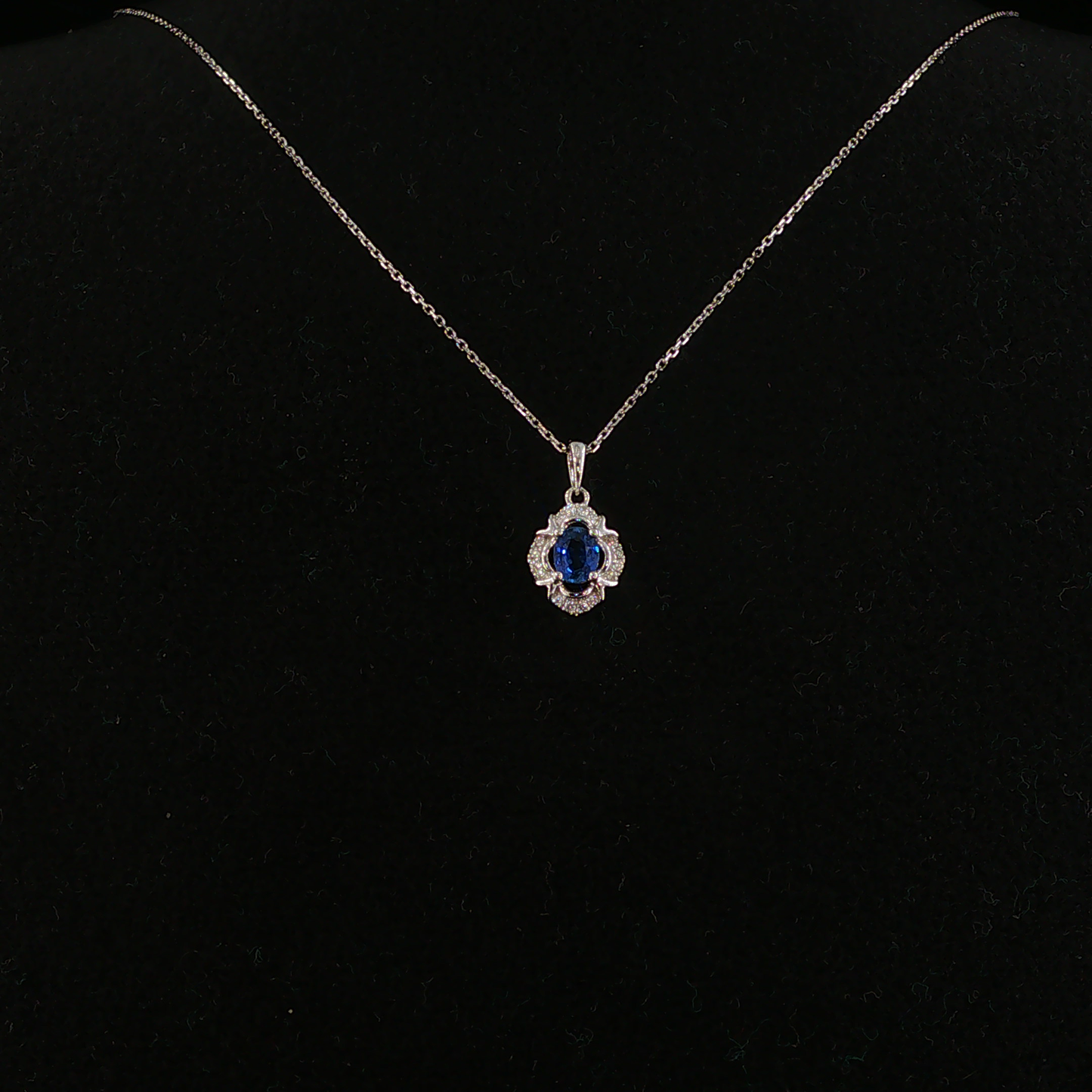 Royal Blue Sapphire Halo Pendant Necklace in White Gold