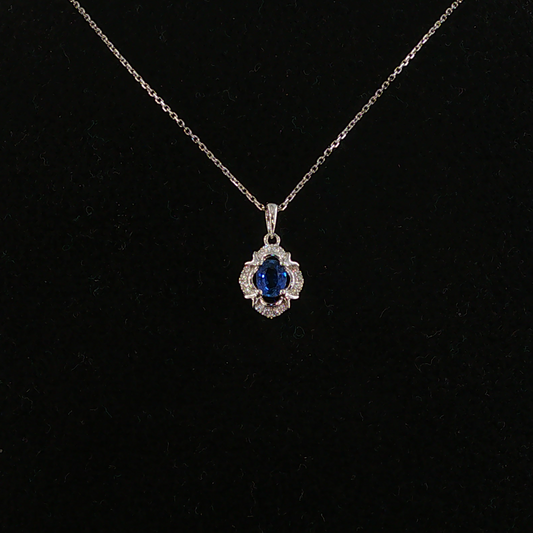 Royal Blue Sapphire Halo Pendant Necklace in White Gold