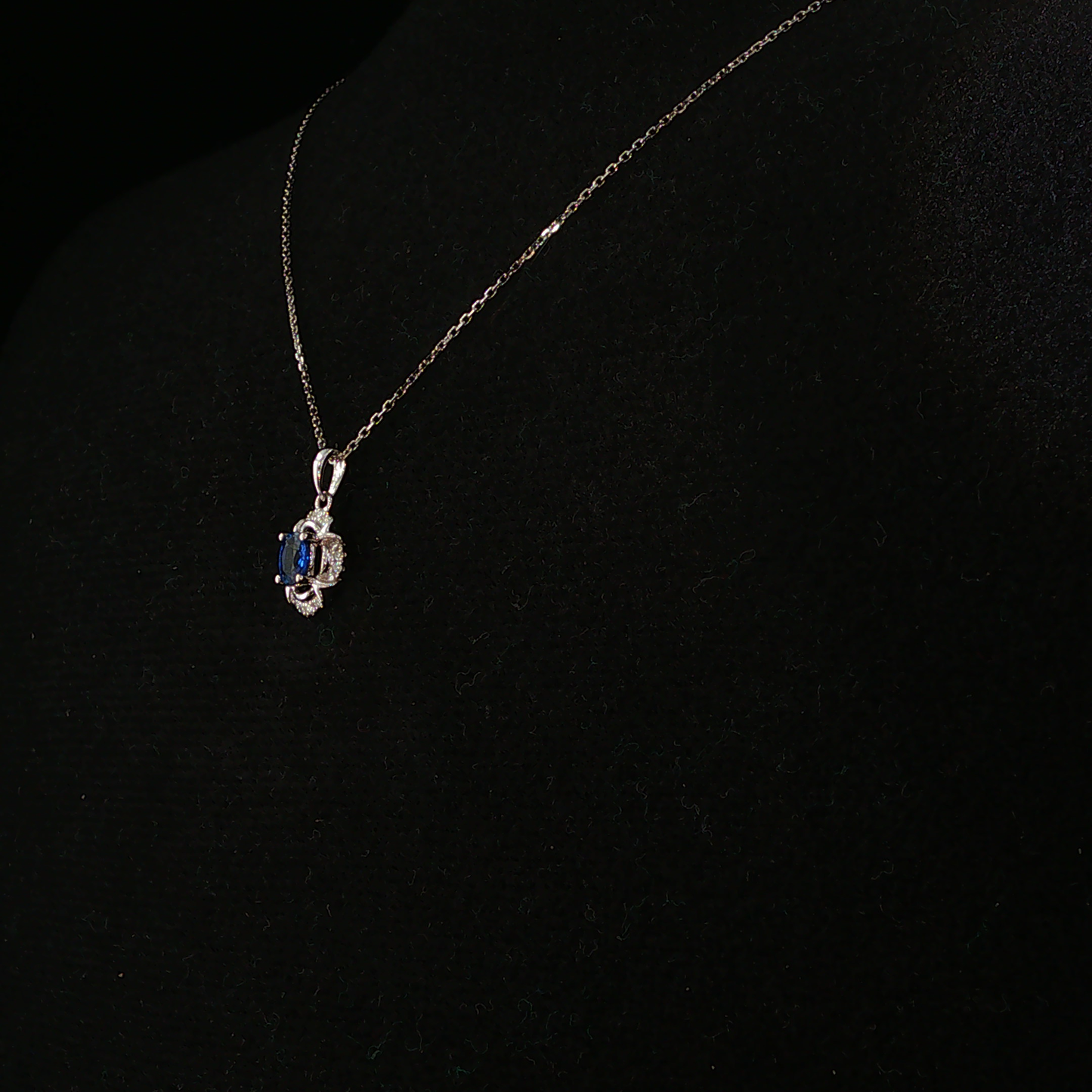 Royal Blue Sapphire Halo Pendant Necklace in White Gold