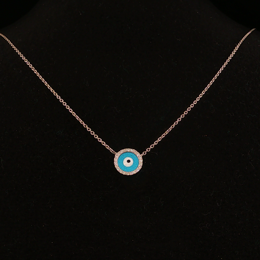 Turquoise Evil Eye Charm Diamond Necklace in White Gold