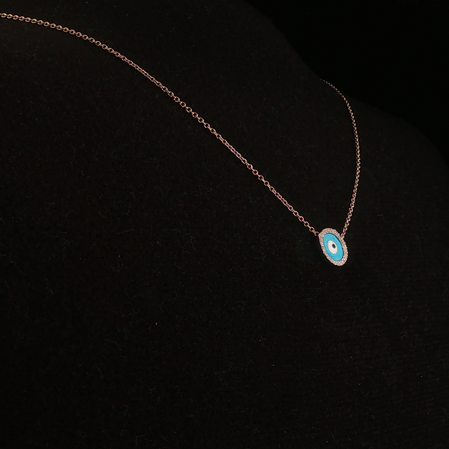 Turquoise Evil Eye Charm Diamond Necklace in White Gold