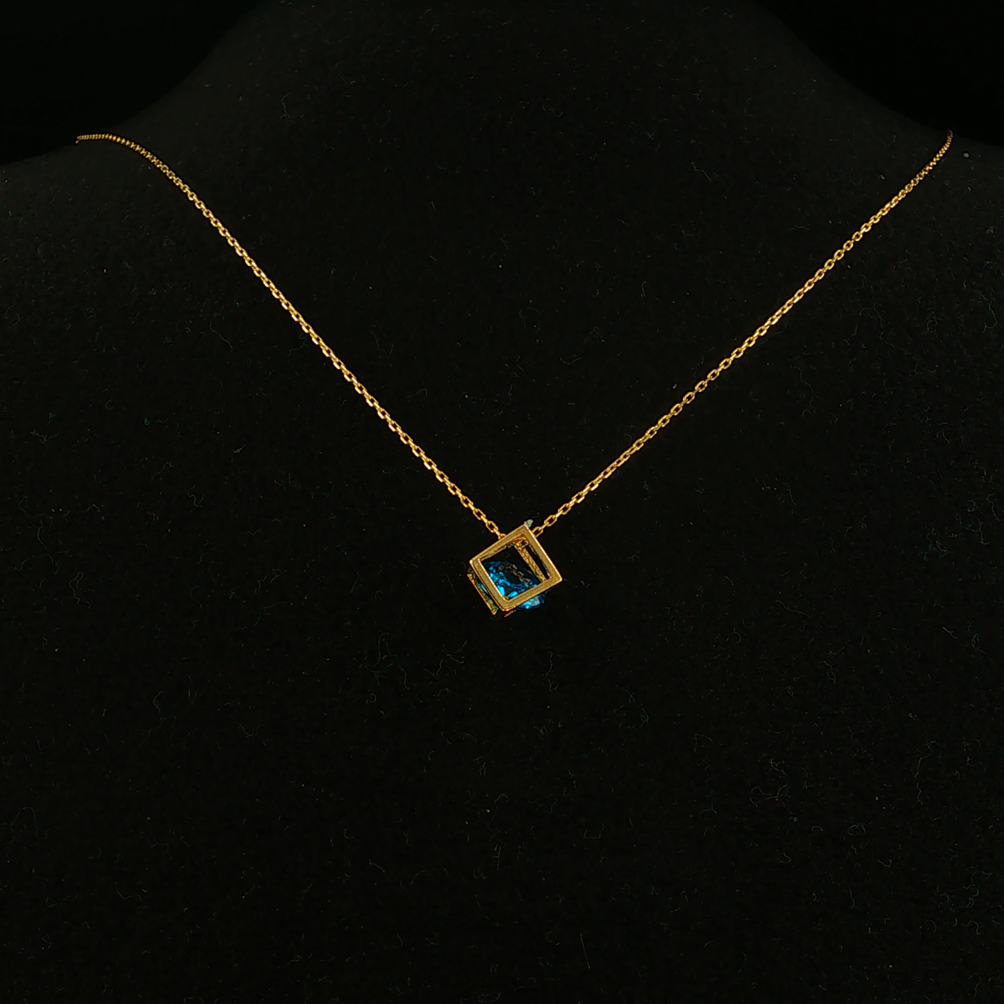 Geometric Cube Blue Gemstone Pendant Necklace in Yellow Gold