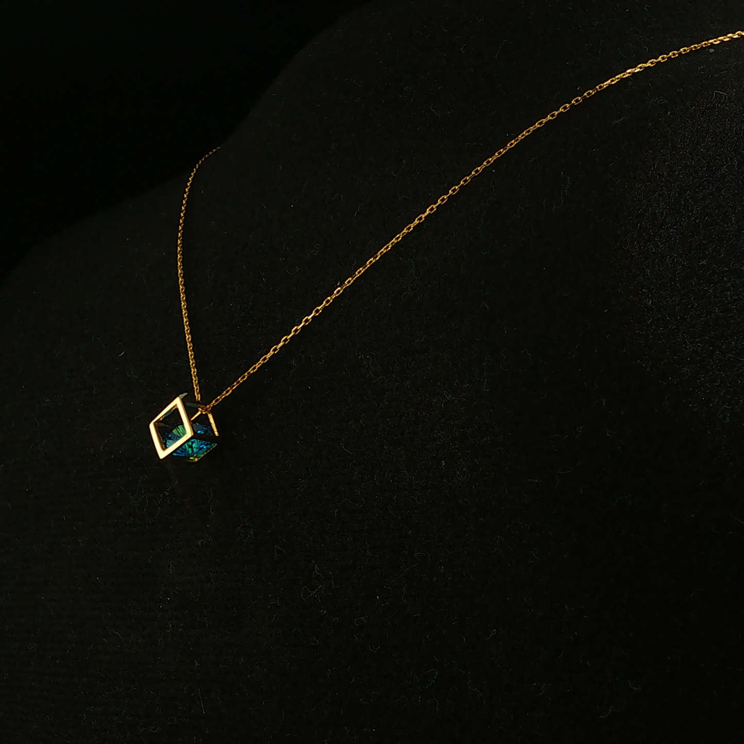 Geometric Cube Blue Gemstone Pendant Necklace in Yellow Gold