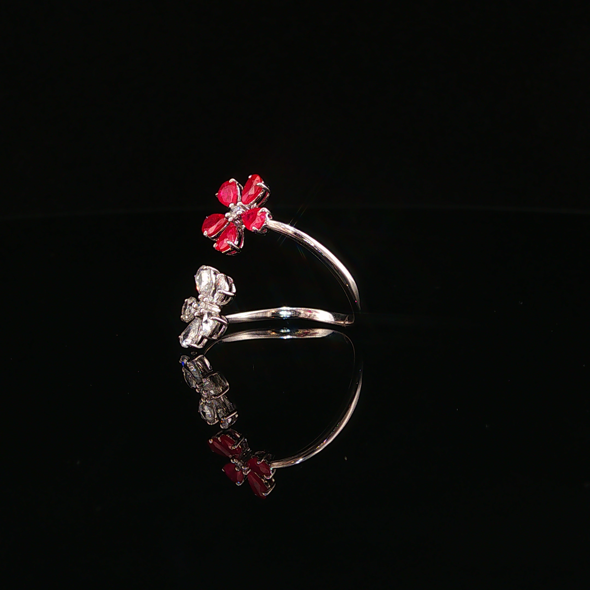 White Gold Natural Ruby Dual Flower Bypass Cocktail Ring