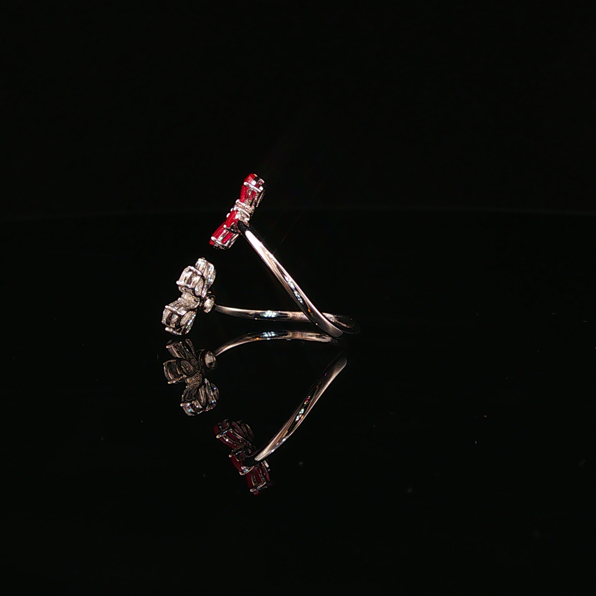 White Gold Natural Ruby Dual Flower Bypass Cocktail Ring