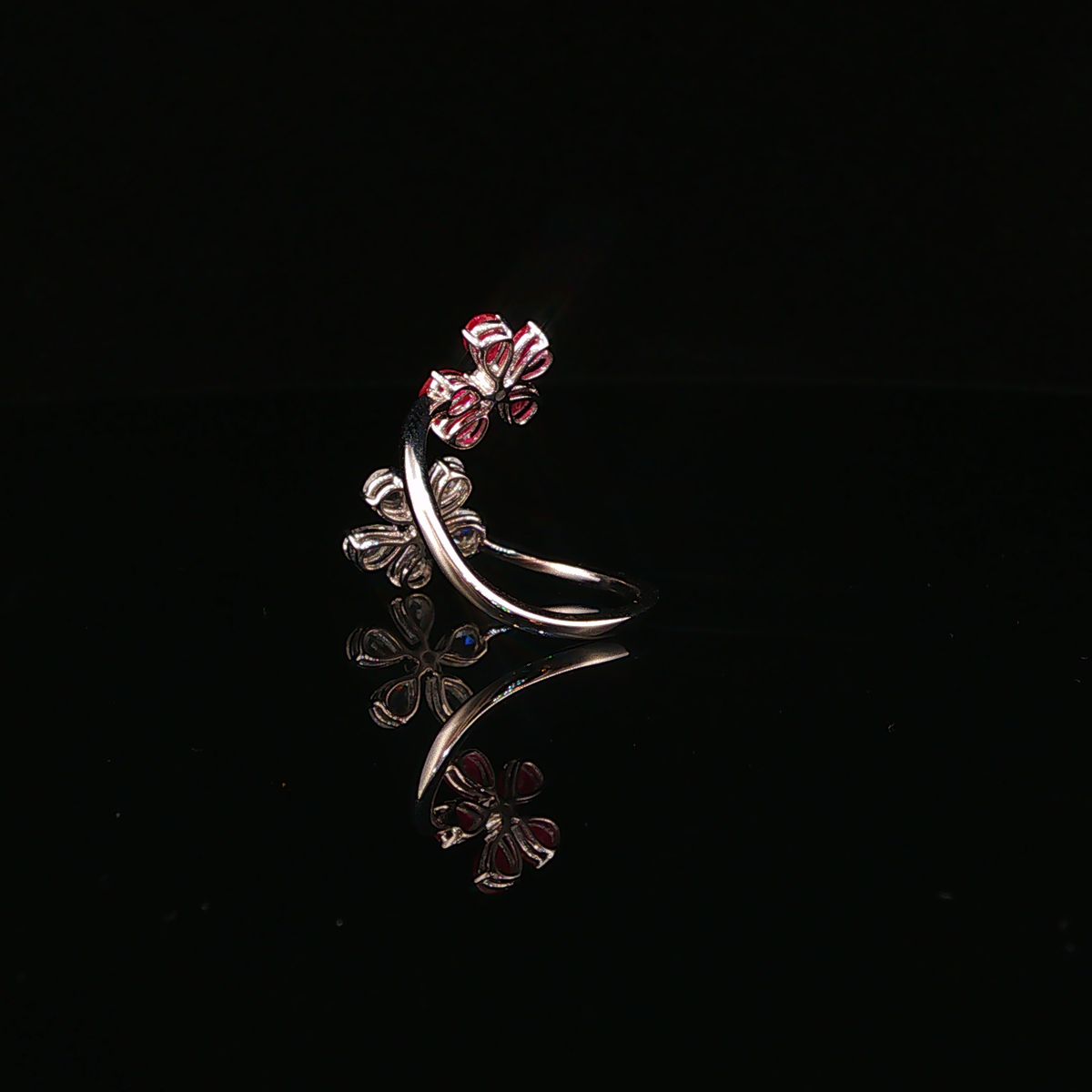 White Gold Natural Ruby Dual Flower Bypass Cocktail Ring