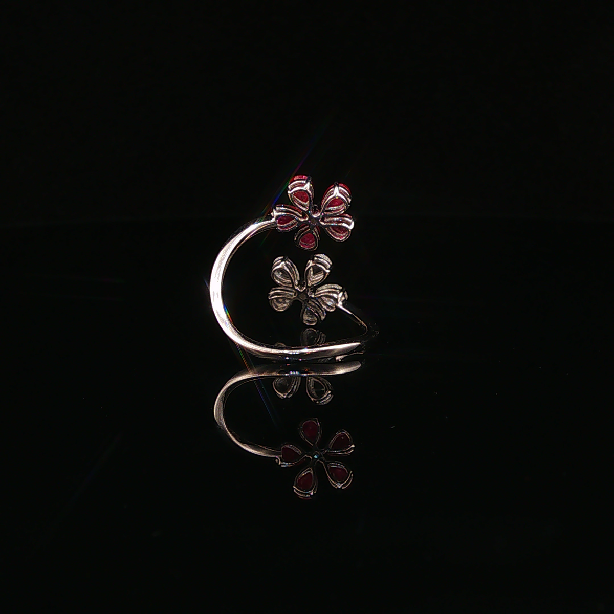 White Gold Natural Ruby Dual Flower Bypass Cocktail Ring