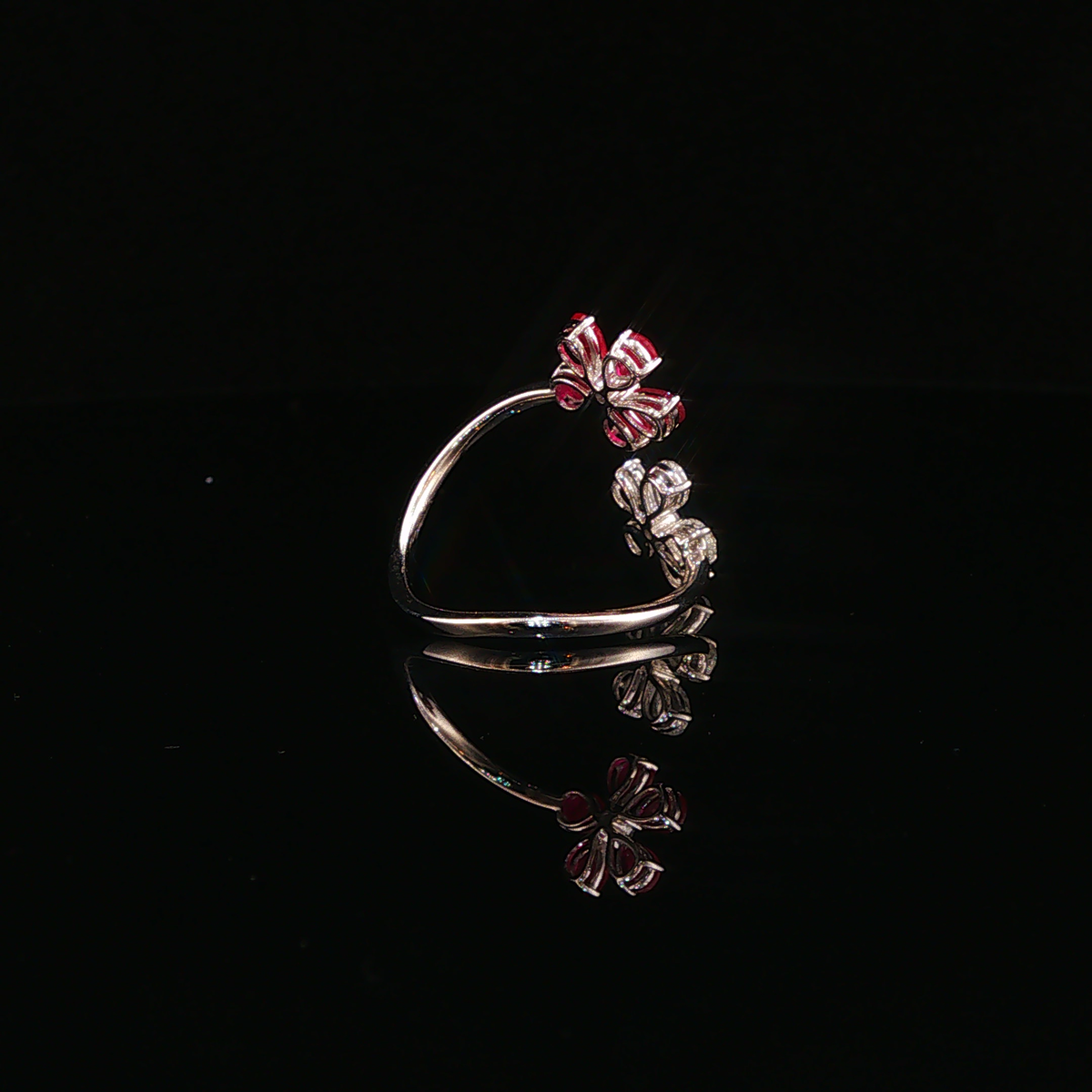 White Gold Natural Ruby Dual Flower Bypass Cocktail Ring