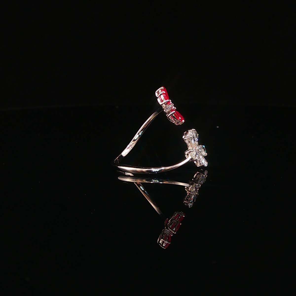 White Gold Natural Ruby Dual Flower Bypass Cocktail Ring