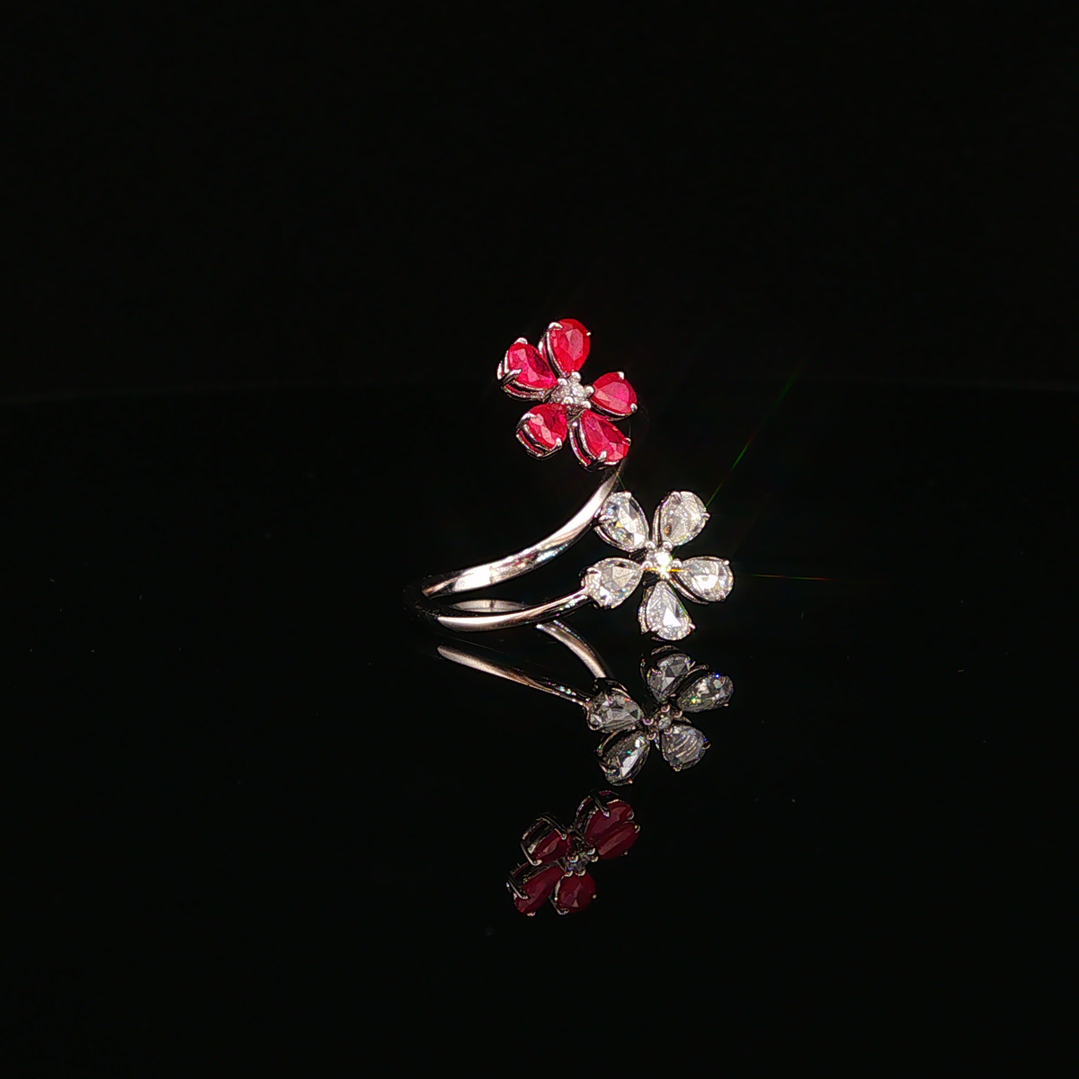 White Gold Natural Ruby Dual Flower Bypass Cocktail Ring