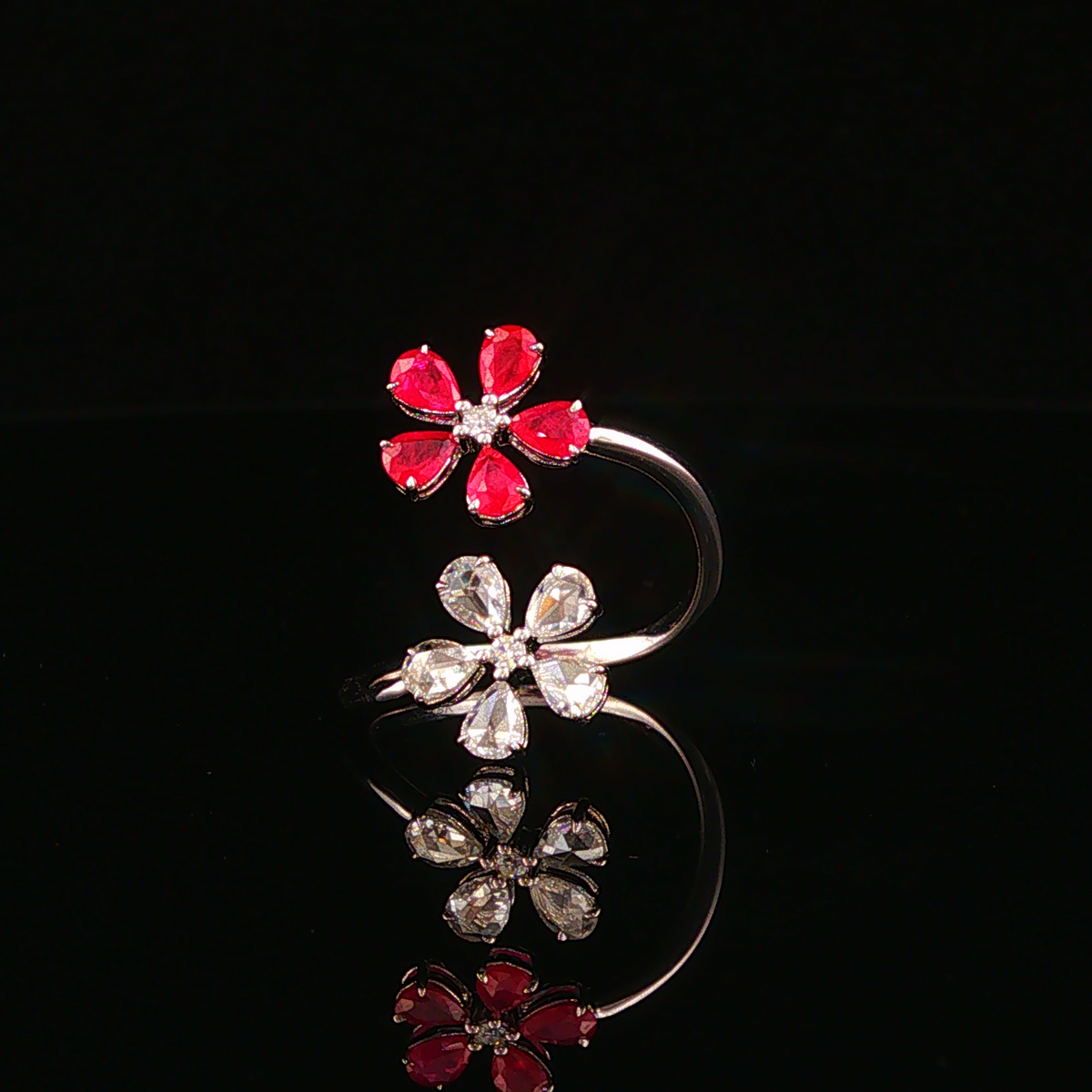 White Gold Natural Ruby Dual Flower Bypass Cocktail Ring
