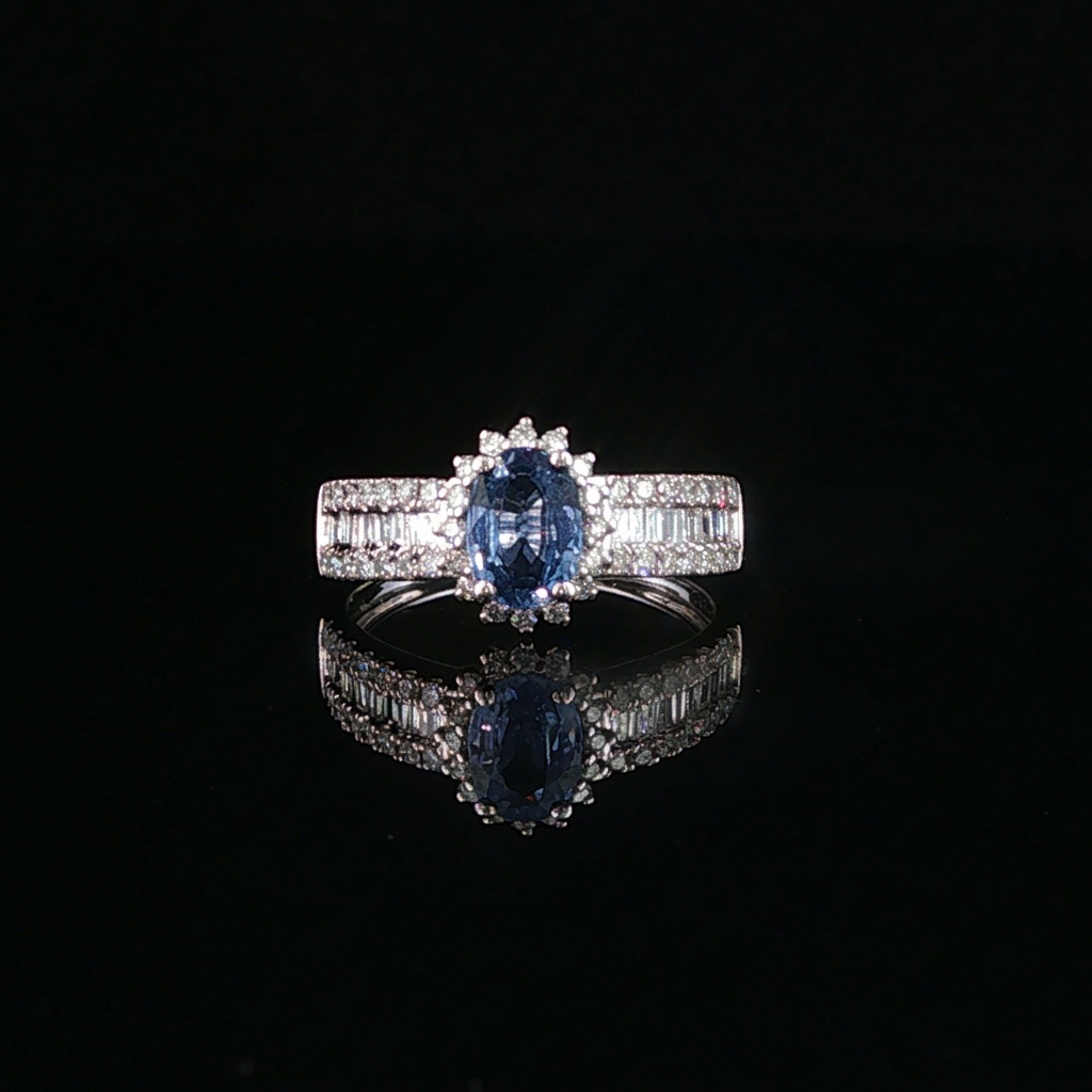 Medium Blue Sapphire and Natural Diamond Halo White Gold Ring