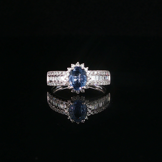 Medium Blue Sapphire and Natural Diamond Halo White Gold Ring