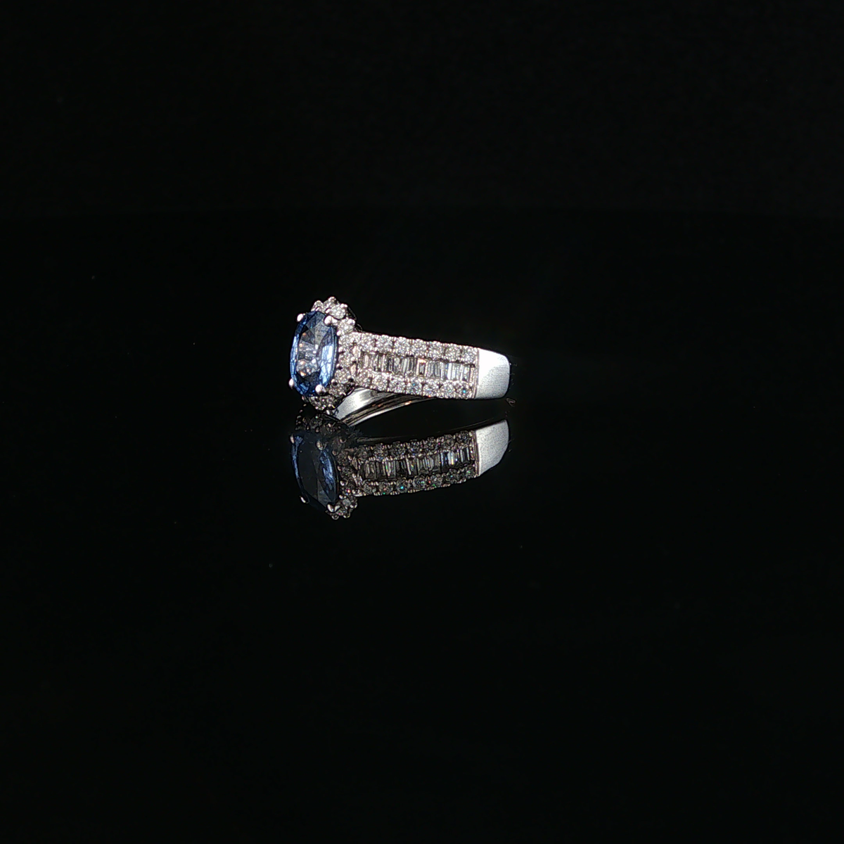 Medium Blue Sapphire and Natural Diamond Halo White Gold Ring