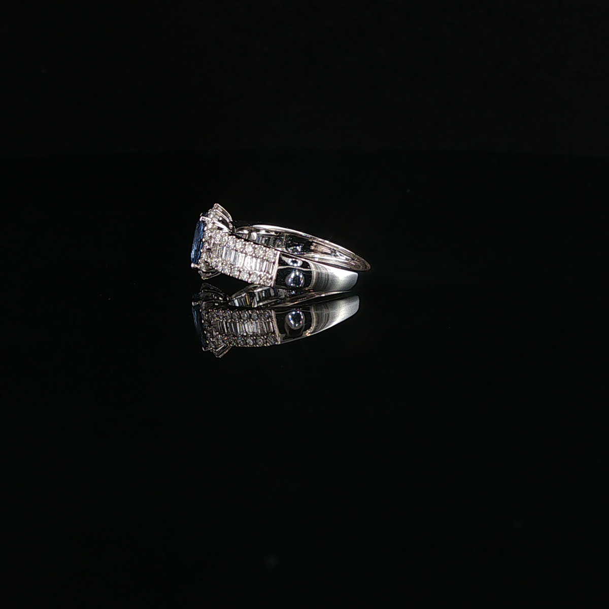 Medium Blue Sapphire and Natural Diamond Halo White Gold Ring
