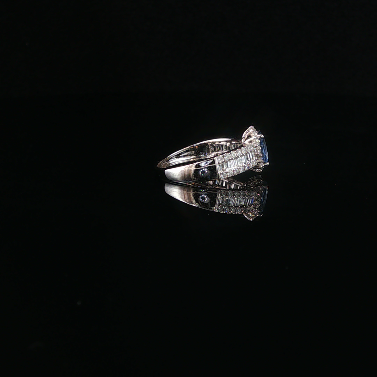 Medium Blue Sapphire and Natural Diamond Halo White Gold Ring