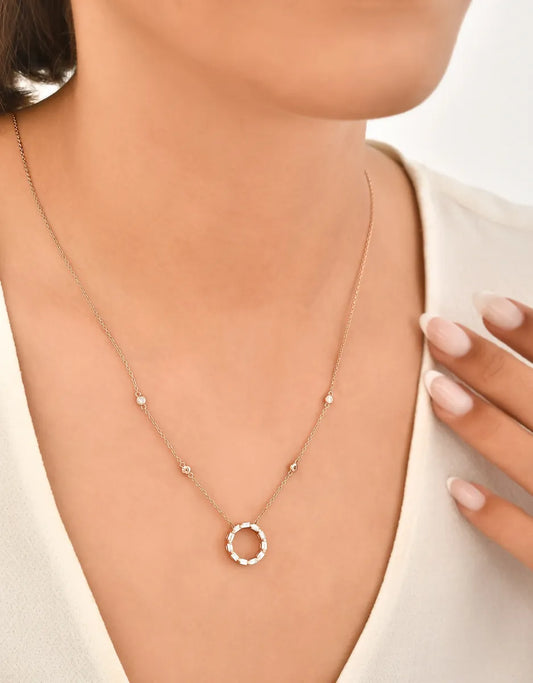 14K Rose Gold Round Necklace with Diamond Setting