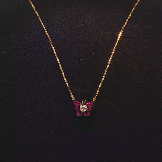 Yellow Gold Red Ruby Butterfly Charm Necklace