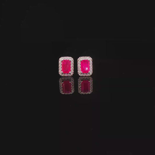 Pigeon Blood Ruby Halo Stud Earrings in White Gold