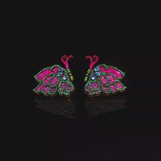 Multicolor Diamonds Butterfly Stud Earrings in Yellow Gold