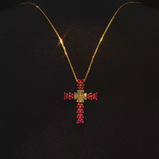 Red Ruby Heart Cross Pendant in Yellow Gold