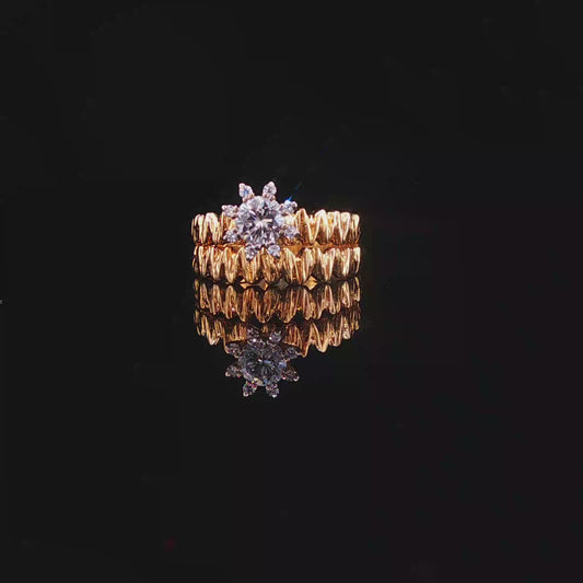 Textured Yellow Gold Natural Diamond Stackable Effect Ring Set