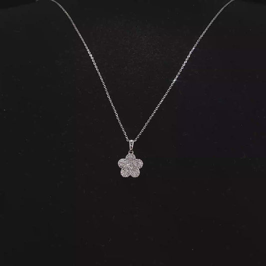 Pave Natural Diamond Flower Pendant Necklace in White Gold