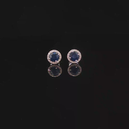 Deep Blue Sapphire Halo Stud Earrings in White Gold