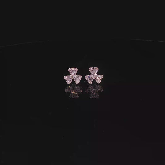 Diamond Floral Three-Petal Stud Earrings in White Gold