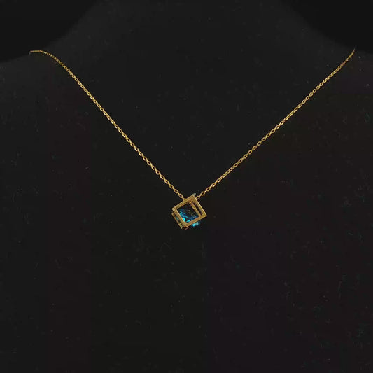 Geometric Cube Blue Gemstone Pendant Necklace in Yellow Gold