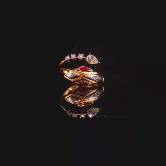 Yellow Gold Serpent Cocktail Ring with Red Rubies