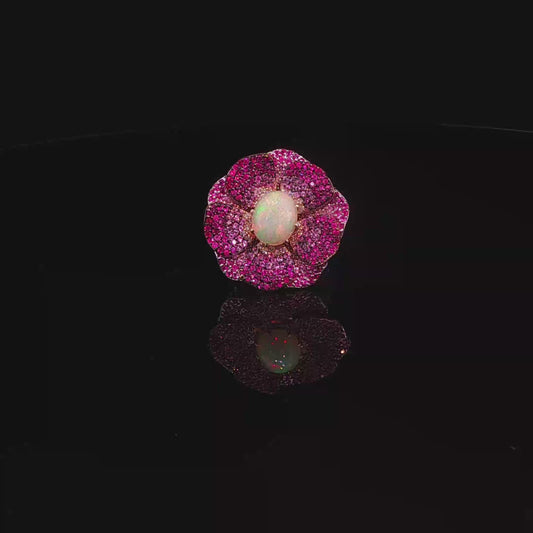 Opal with Pink Sapphire and Emerald Floral Cocktail Ring in Rose Gold