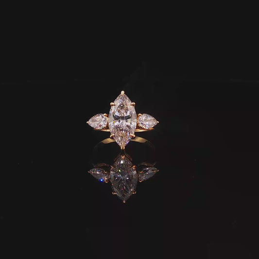 Marquise and Pear Lab Diamond Three-Stone Ring in Yellow Gold