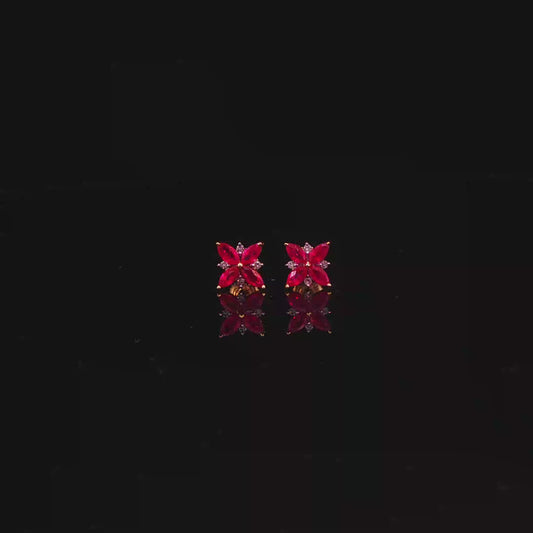 Marquise Ruby Floral Screw Back Stud Earrings in Yellow Gold