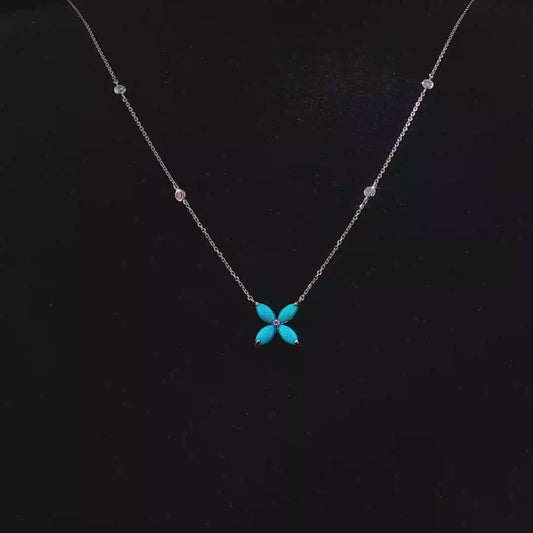 Turquoise and Natural Diamond Floral  Necklace in White Gold