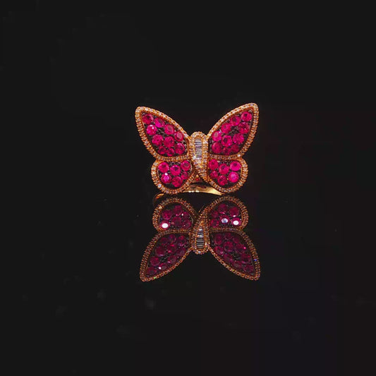 Pigeon Blood Ruby Butterfly Cocktail Ring in Yellow Gold