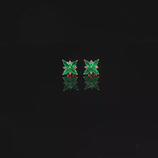 Marquise Emerald Floral Stud Earrings in Yellow Gold